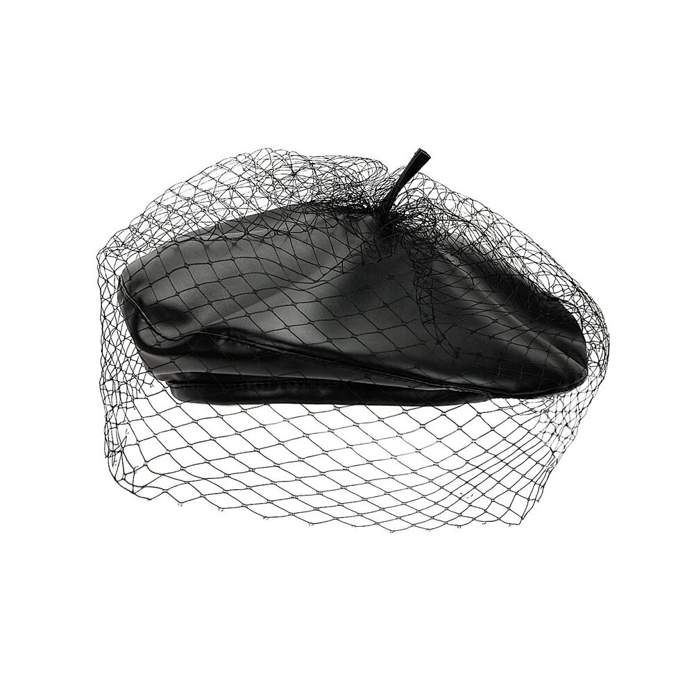 4554 Pu Leather Beret Hat For Women With Mesh Veil Chic Artist French Beret